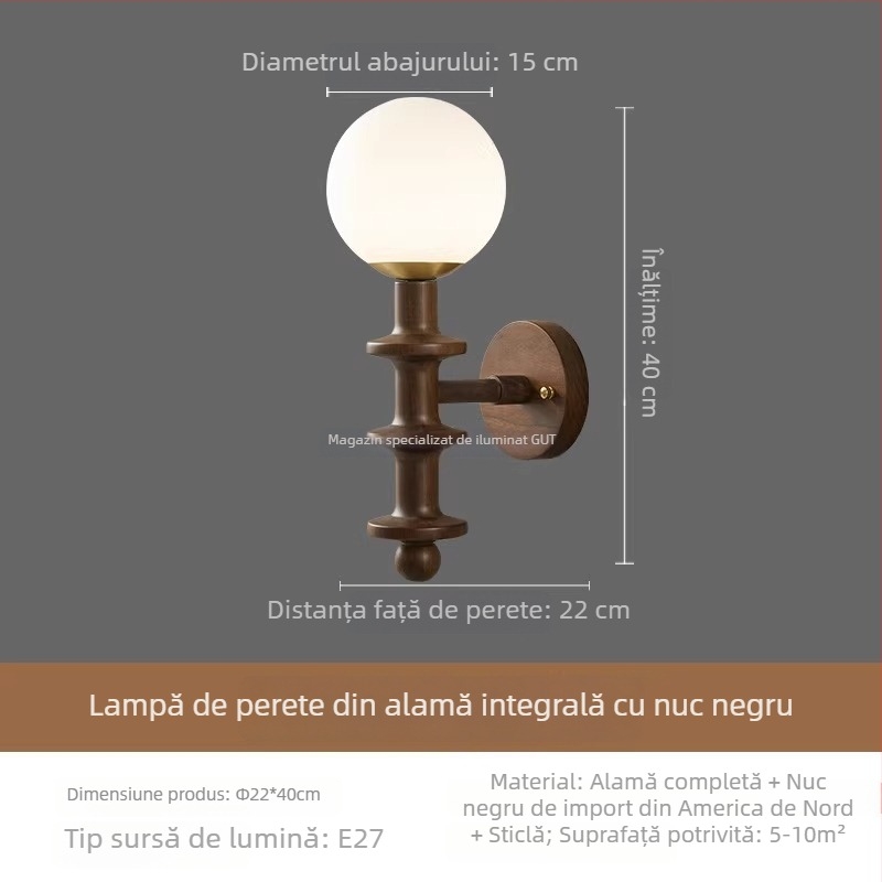 Lampa de perete în stil francez, retro din lemn de nuc cu abajur de sticlă pentru living și dormitor