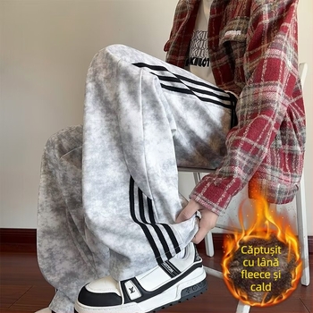 Pantaloni sport din bumbac cu fleece, pentru bărbați, toamnă-iarnă 2025, stil american retro, croială largă, casual.