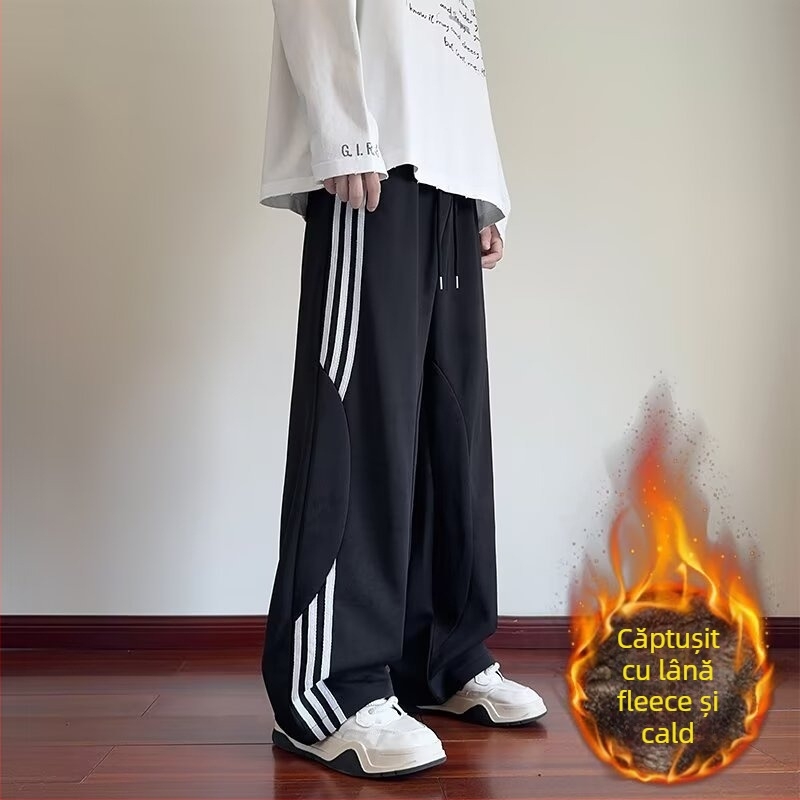Pantaloni sport din bumbac cu fleece, pentru bărbați, toamnă-iarnă 2025, stil american retro, croială largă, casual.