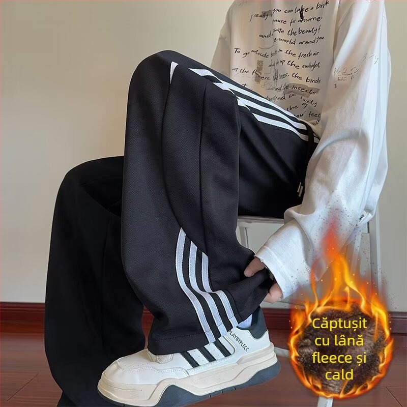 Pantaloni sport din bumbac cu fleece, pentru bărbați, toamnă-iarnă 2025, stil american retro, croială largă, casual.