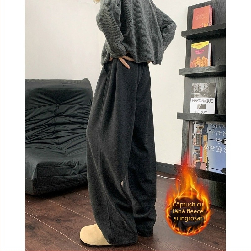 Pantaloni de trening negri pentru bărbați, cu margine curbată, căptuți cu fleece, groși, calzi, lungime extinsă, croială banana-wide-leg pentru toamnă și iarnă