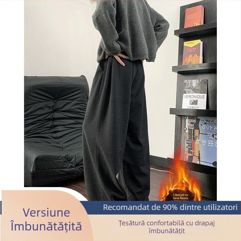 Pantaloni de trening negri pentru bărbați, cu margine curbată, căptuți cu fleece, groși, calzi, lungime extinsă, croială banana-wide-leg pentru toamnă și iarnă