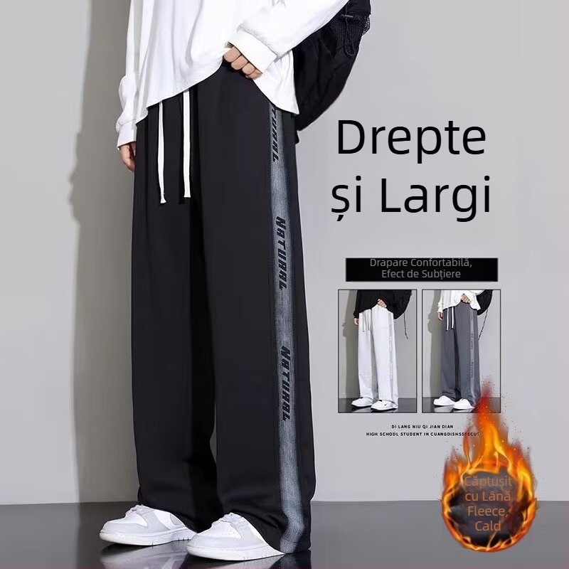 Pantaloni trening pentru bărbați, iarnă, cu fleece, croială lejeră, croi drept, stil casual