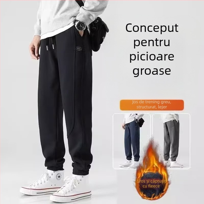 Pantaloni sport pentru bărbați, cu fleece, croială lejeră, panouri cusute, casual de iarnă