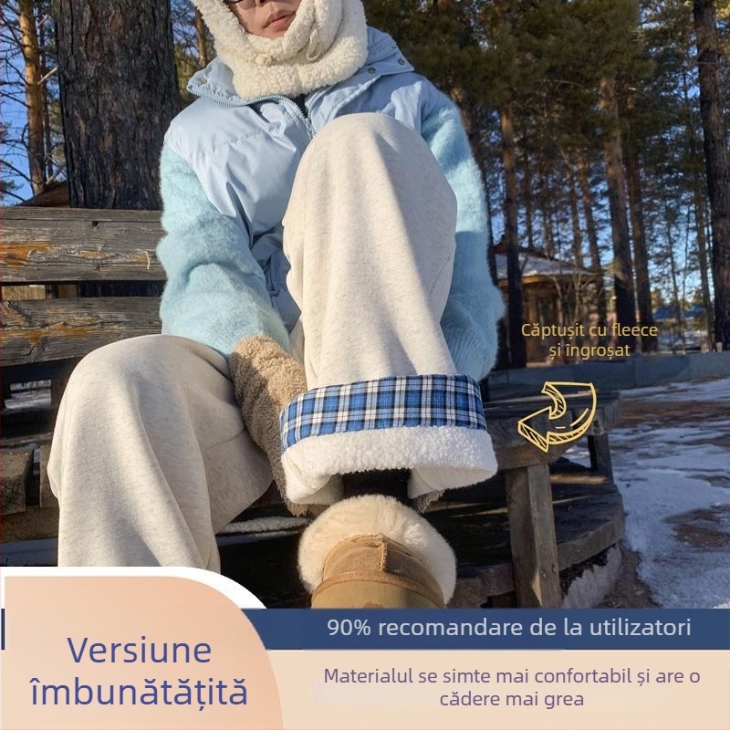 Pantaloni sport pentru bărbați în carouri, căptuți cu fleece, groși, croială dreaptă, largi, pentru toamnă-iarna