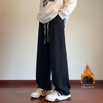 Pantaloni de trening negri pentru bărbați, croială liberă dreaptă, căptușeală groasă de iarnă, catifea, stil american cu picioare largi