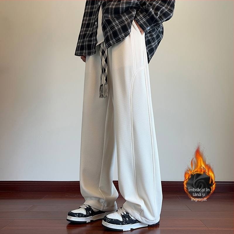 Pantaloni de trening negri pentru bărbați, croială liberă dreaptă, căptușeală groasă de iarnă, catifea, stil american cu picioare largi