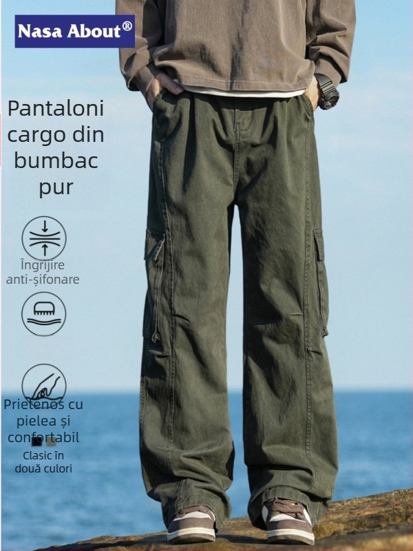 NASA pantaloni de lucru din bumbac 100% pentru bărbați, stil american, vară 2026, croială lejeră, drept, picioare largi, pantaloni casual sport