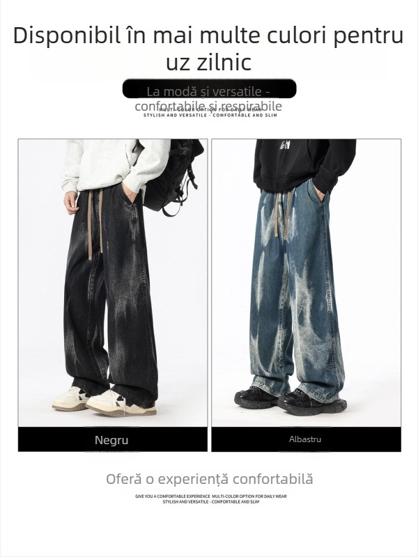NASA pantaloni din denim pentru bărbați, stil american, tie-dye, mărime mare, croială relaxată, drept, largi pentru primăvară-toamnă