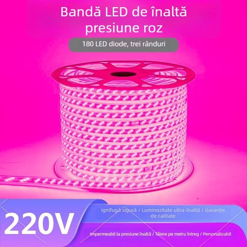 Bandă LED mov-roz, 220V, iluminare decorativă pentru casă, iluminare romantică și creativă pentru KTV, foarte puternică, rezistentă la apă pentru exterior