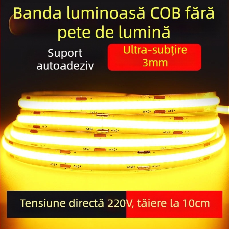 Bandă LED COB 220V, fără driver, autoadezivă, iluminare liniară pentru tavan și perete, ultra-luminoasă