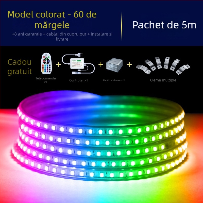 Bandă LED neon pentru uz casnic, telecomandă, multicoloră, impermeabilă, RGB, 220V, schimbare de culoare, pentru tavanul sufrageriei și exterior