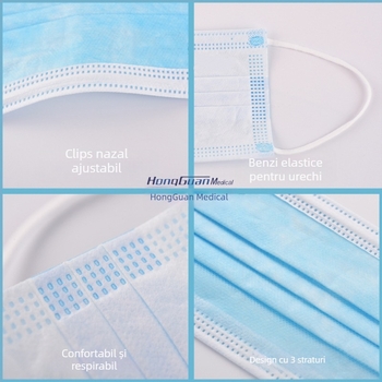 Mască medicală chirurgicală de unică folosință, trei straturi, protecție, ambalată individual, sterilă, plată, pachet de 10 bucăți