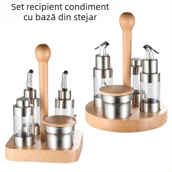 Set de condimente din oțel inoxidabil 304 cu bază din lemn — cutie de condimente pentru restaurant, cu sticluță de ulei și borcănel de sare