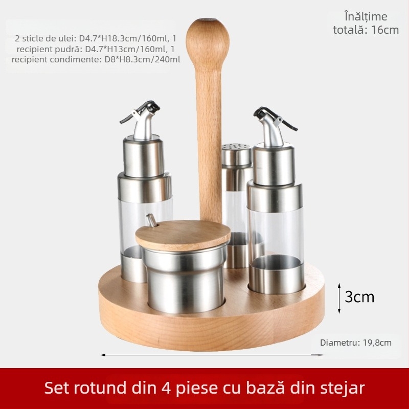 Set de condimente din oțel inoxidabil 304 cu bază din lemn — cutie de condimente pentru restaurant, cu sticluță de ulei și borcănel de sare
