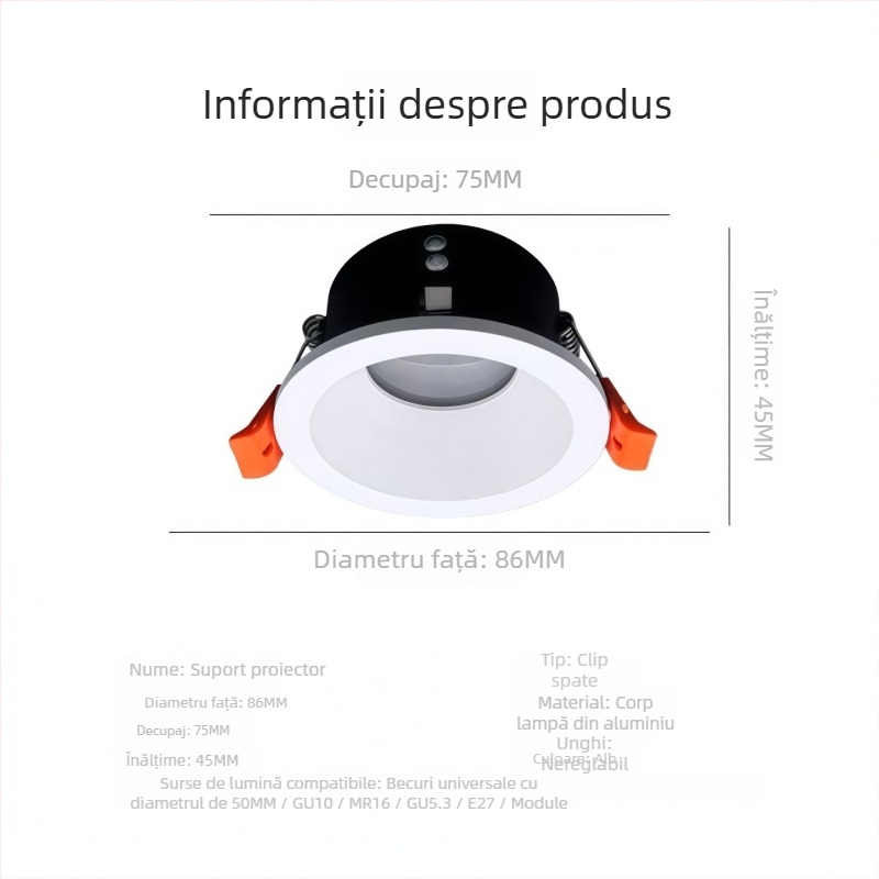 Suport pentru spot GU10, corp de lampă încastrat cu deschidere de 75 mm, capac de lampă rezistent la apă și antifog, inel MR16