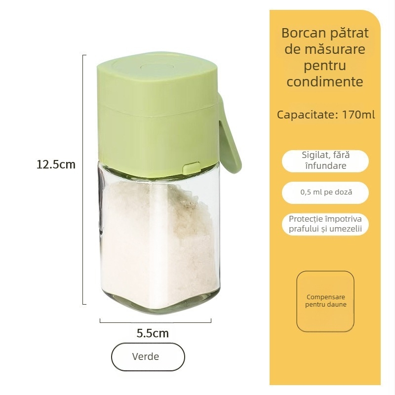 Dozator de sare cu recipient din sticlă etanșă pentru sare și condimente solide