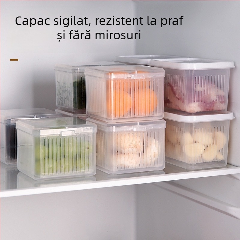 Box de depozitare din plastic alimentar pentru frigider – etanș, menține prospețimea; ideal pentru fructe congelate, ceapă verde, ghimbir și usturoi