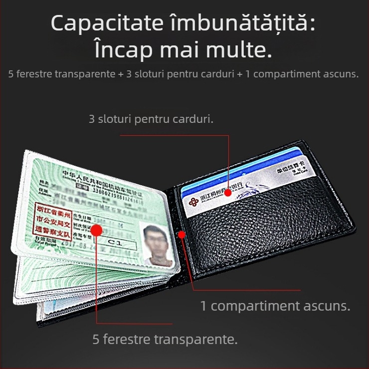 Husă din piele naturală cu model crocodil pentru permis de conducere și carduri, portofel mini multifuncțional pentru documente