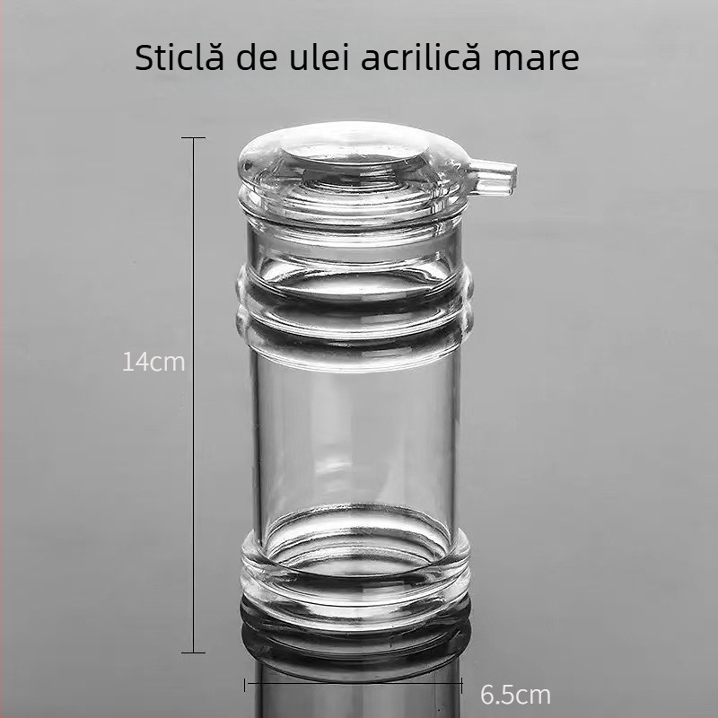 Set acrilic de sticle pentru ulei și condimente: sticlă de oțet, sticlă de sos de soia și borcan de ardei iute.