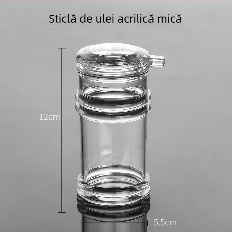 Set acrilic de sticle pentru ulei și condimente: sticlă de oțet, sticlă de sos de soia și borcan de ardei iute.