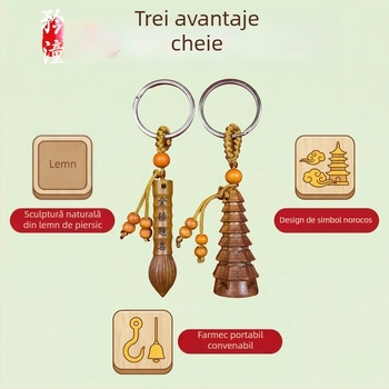 Breloc pentru chei din lemn de piersic cu Wenchang Pen și Wenchang Pagoda