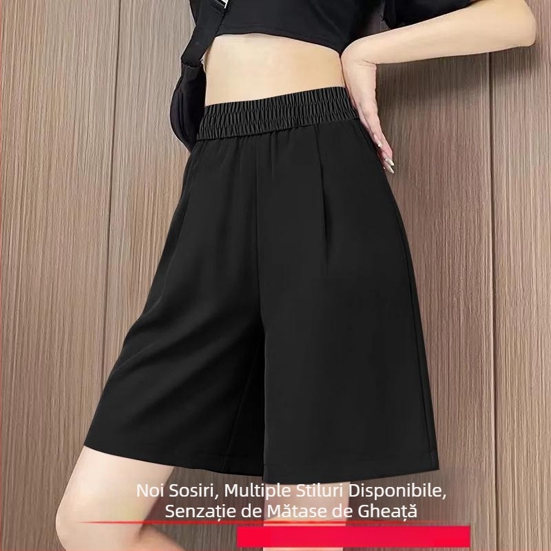 Șorturi scurte Capri cu talie înaltă din ice silk, Plus size, lejere, casual, croială fluidă, talie elastică