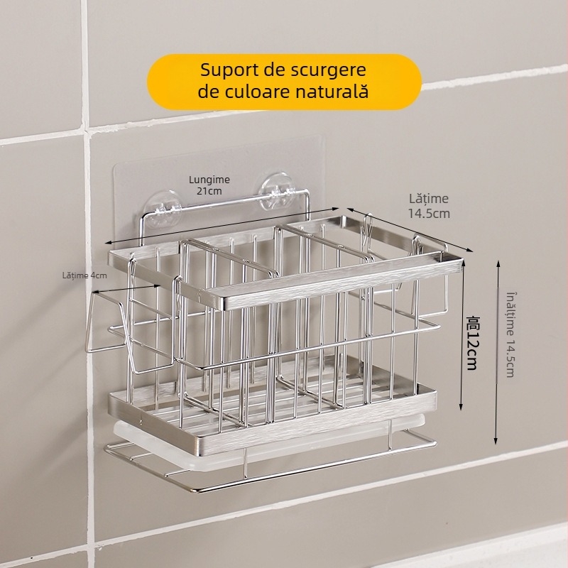 Raft de bucătărie din oțel inoxidabil, montat pe perete, cu spațiu de depozitare multifuncțional pentru bureți, detergent și cârpe