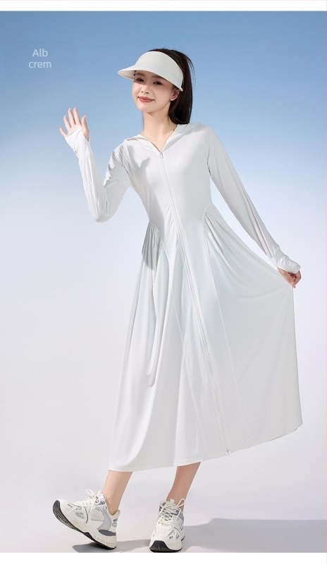 Rochie lungă de protecție solară pentru femei UPF50+, material ice silk, talie cu cordon, croială Slim-fit, ușoară, 2026