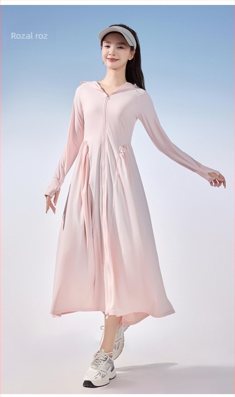 Rochie lungă de protecție solară pentru femei UPF50+, material ice silk, talie cu cordon, croială Slim-fit, ușoară, 2026
