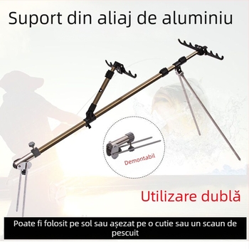 Suport multifuncțional pentru undițe cu brațe duble, cadru rezistent la vânt, cutie pentru accesorii și scaun de pescuit, fixare pe țăruș la sol