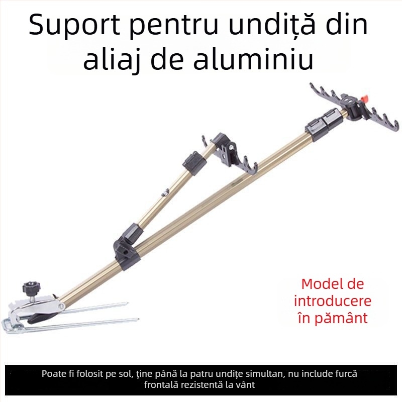 Suport multifuncțional pentru undițe cu brațe duble, cadru rezistent la vânt, cutie pentru accesorii și scaun de pescuit, fixare pe țăruș la sol