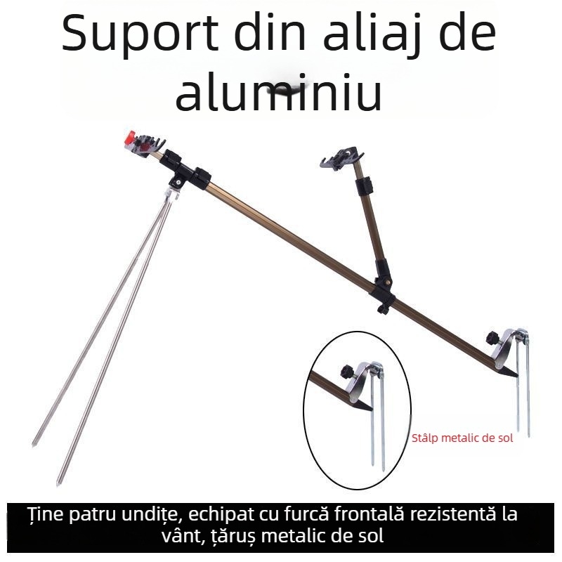 Suport multifuncțional pentru undițe cu brațe duble, cadru rezistent la vânt, cutie pentru accesorii și scaun de pescuit, fixare pe țăruș la sol