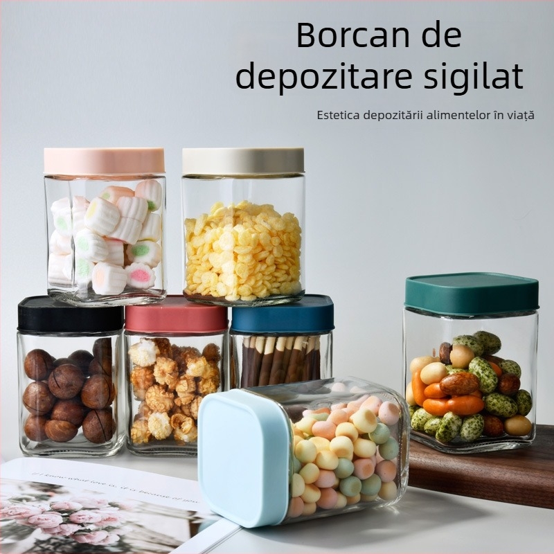 Borcan din sticlă cu etanșare pentru bucătărie, pătrat, mic, pentru gustări, mâncare pentru bebeluși și bomboane