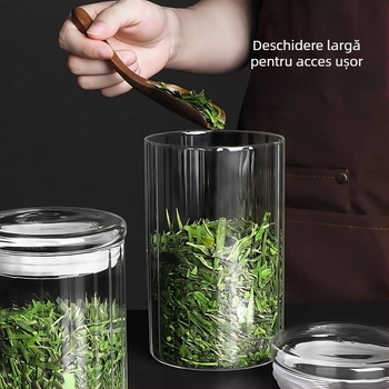 Recipient din sticlă borosilicată cu dungi verticale — etanș, rezistent la umezeală, pentru ceai, boabe de cafea și depozitare în bucătărie