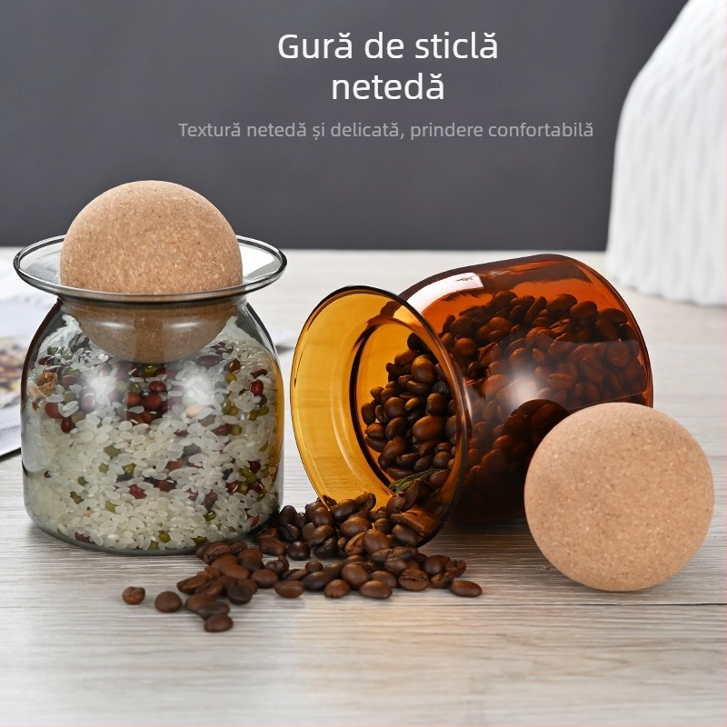 Recipient din sticlă colorată, rezistent la căldură, cu dop din plută rotund, pentru cereale, ceaiuri și boabe de cafea.
