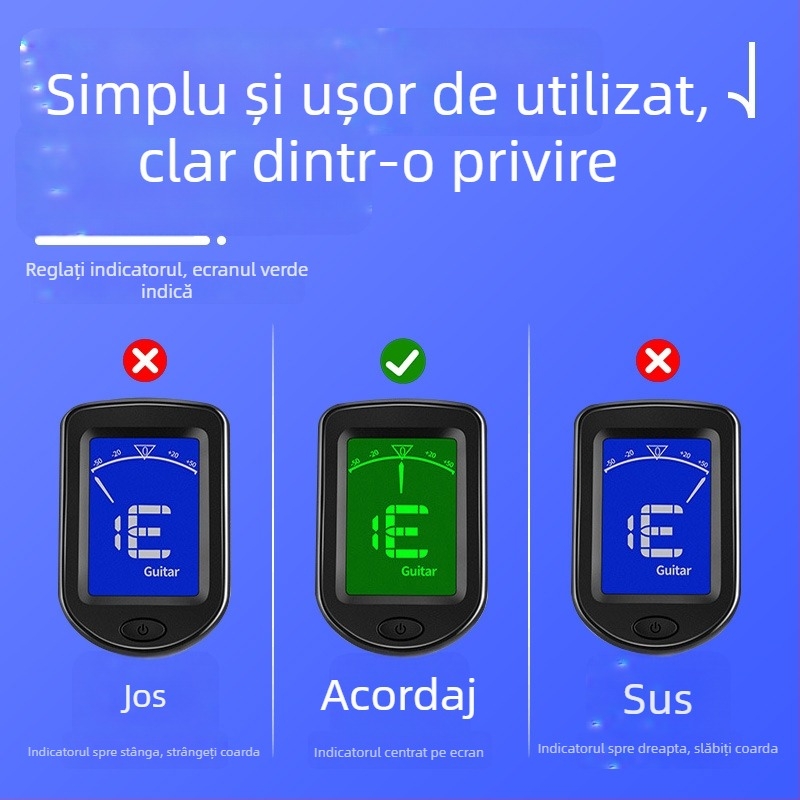 Tuner electronic universal pentru chitară, bas, ukulele și vioară