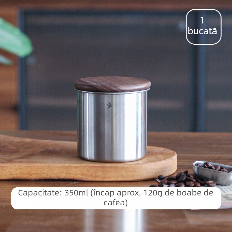 Recipient din oțel inoxidabil, stil retro, cu capac din lemn, sigilat, pentru boabe de cafea, cereale, cafea măcinată și ceai