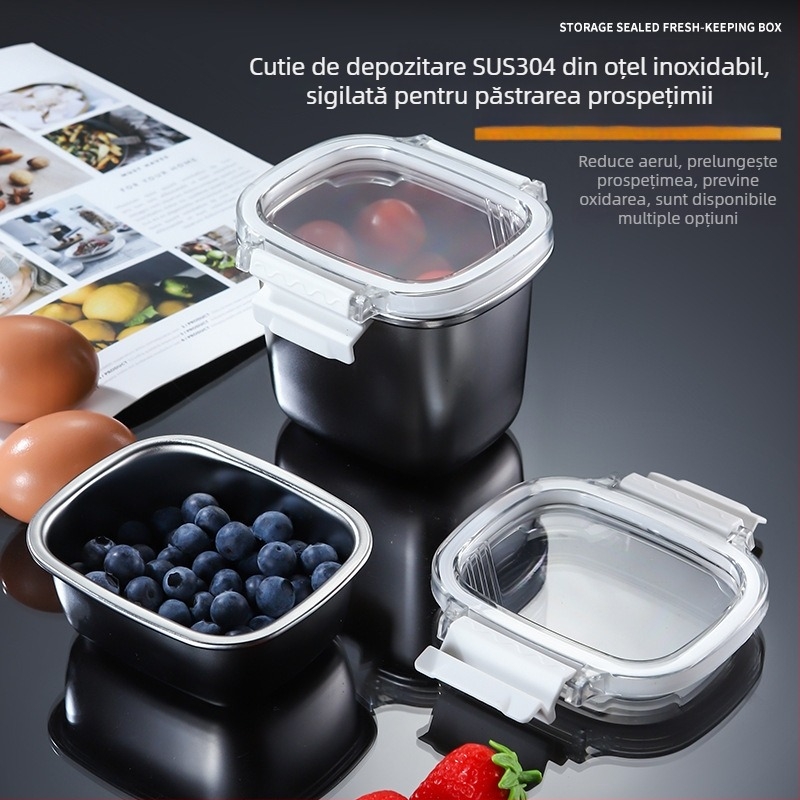 Cutie din oțel inoxidabil 304 pentru prospețime, recipient sigilat pentru depozitare, organizator de frigider, cutie pentru fructe, gustări și produse uscate