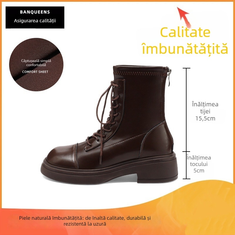 Cizme Martin din piele naturală pentru femei, 2025 primăvară-toamnă, stil britanic, botine scurte cu talpă groasă pentru picioare subțiri, efect de subțiere
