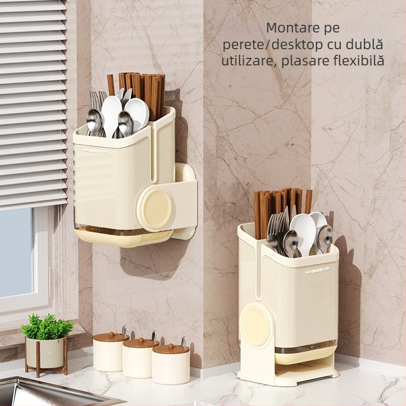 Organizator de bucătărie montat pe perete, rotativ, pentru bețișoare și linguri, cu scurgere