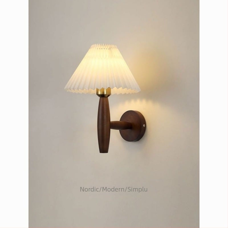Lampa de perete cu abajur plisat din lemn masiv, stil Nordic, iluminare caldă, wabi-sabi retro japonez pentru noptiere