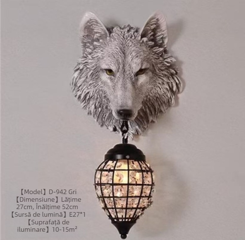 Lampa de perete decorativă cu cap de lup – LED, stil retro, pentru living, scară, hol, balcon și dormitor.