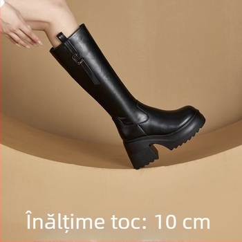 Cizme până la genunchi pentru femei, toc gros, creștere înălțime de 10 cm, model nou