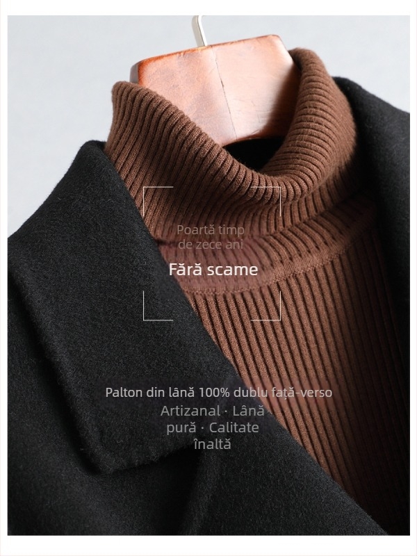 Palton reversibil din cașmir și lână pentru femei, lung mediu, negru, tricotat manual, croială slim fit