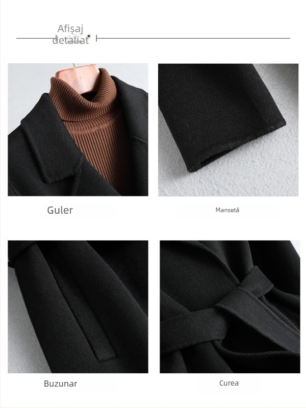 Palton reversibil din cașmir și lână pentru femei, lung mediu, negru, tricotat manual, croială slim fit