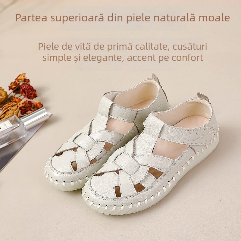 Sandale din piele naturală perforate, închidere Velcro, pentru femei, vară, talpă moale, antiderapante