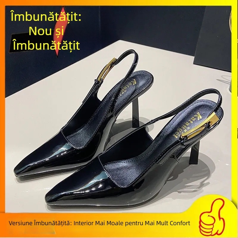 24 Primăvară devreme: Sandale cu bandă aurie, PU lucios, vârf pătrat/ascuțit, toc foarte înalt, cataramă metalică, pantofi femei la modă