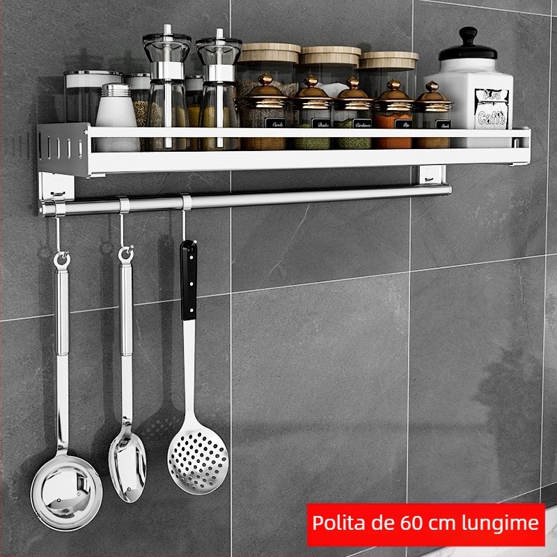 Raft de bucătărie din oțel inoxidabil 304, montat pe perete, cu cârlige – organizator multifuncțional pentru condimente, boluri și farfurii
