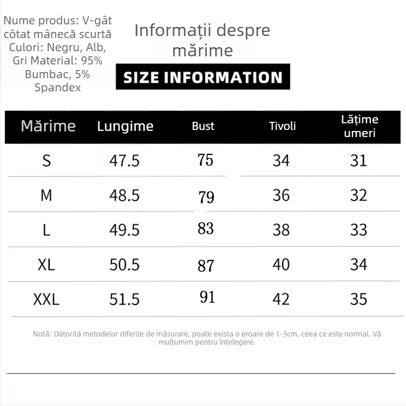 Tricou damă din bumbac cu decolteu în V, mâneci scurte, croială slim, pliuri laterale